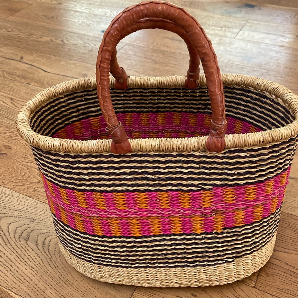 Handmade Bolga Bag Straw & Leather Market Basket Double Handle Natural Large‎